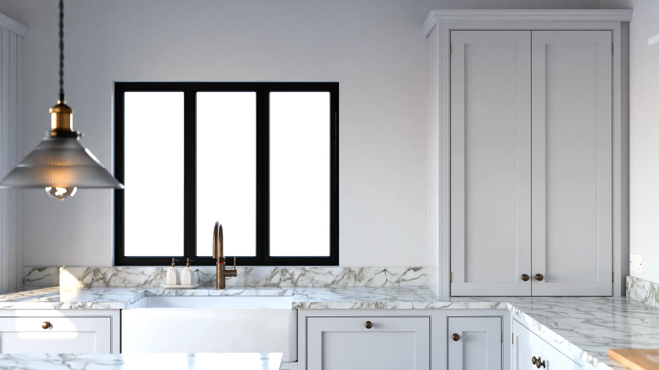 White kitchen cabinets beside a black framed window