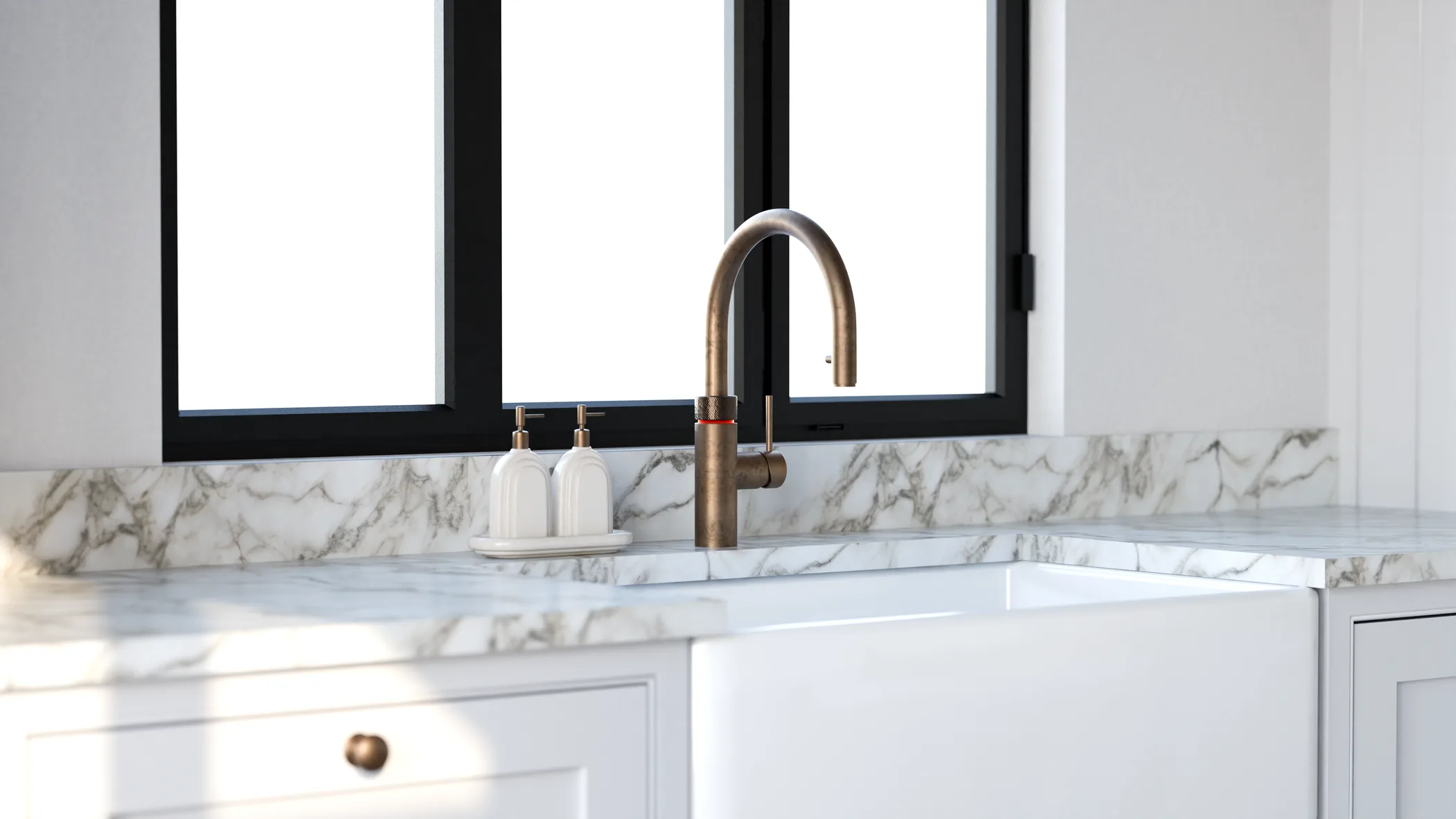 Sink and marble worktop beneath a dark framed window