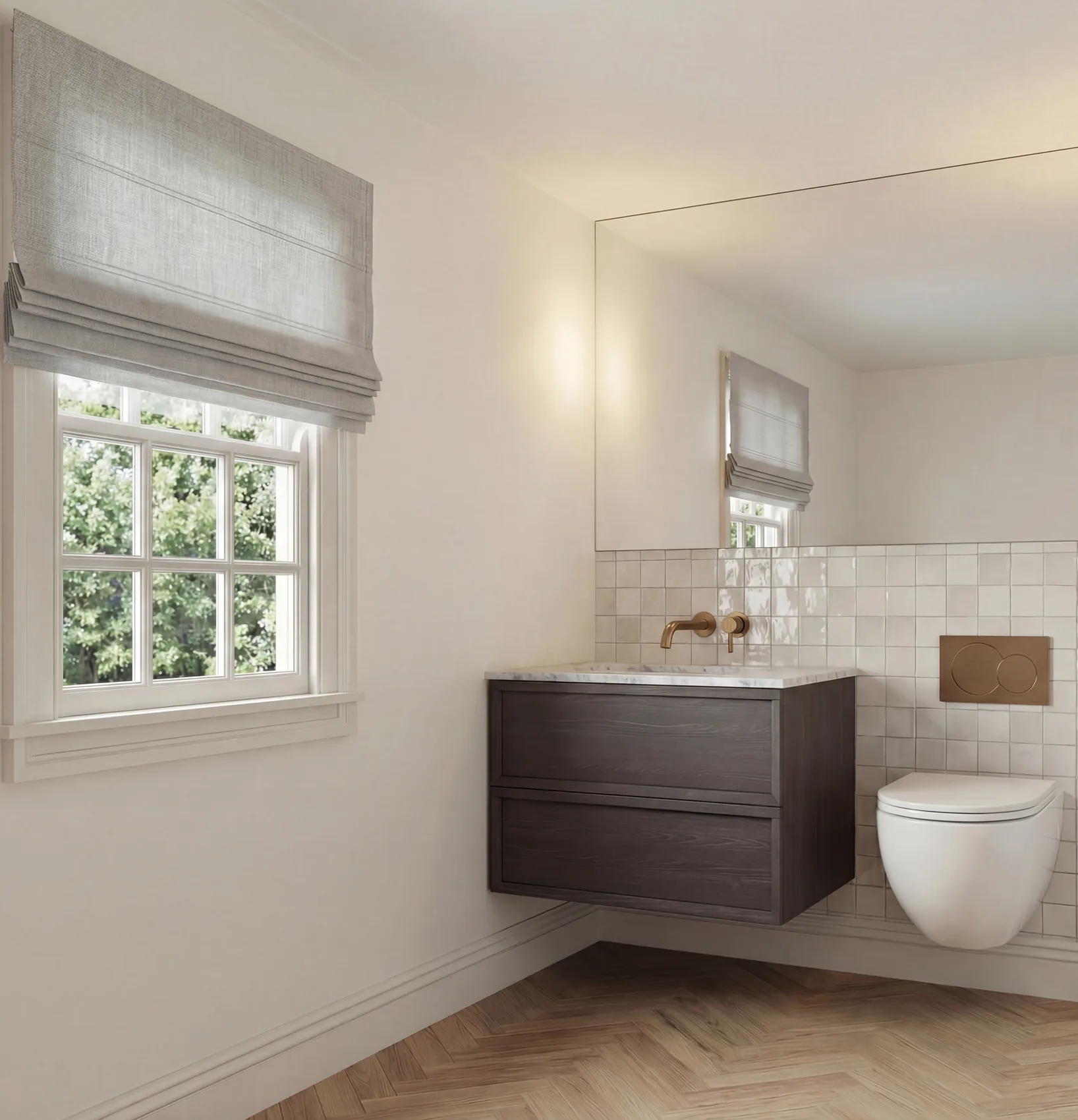 Bathroom concept with dark floating vanity and tiled walls
