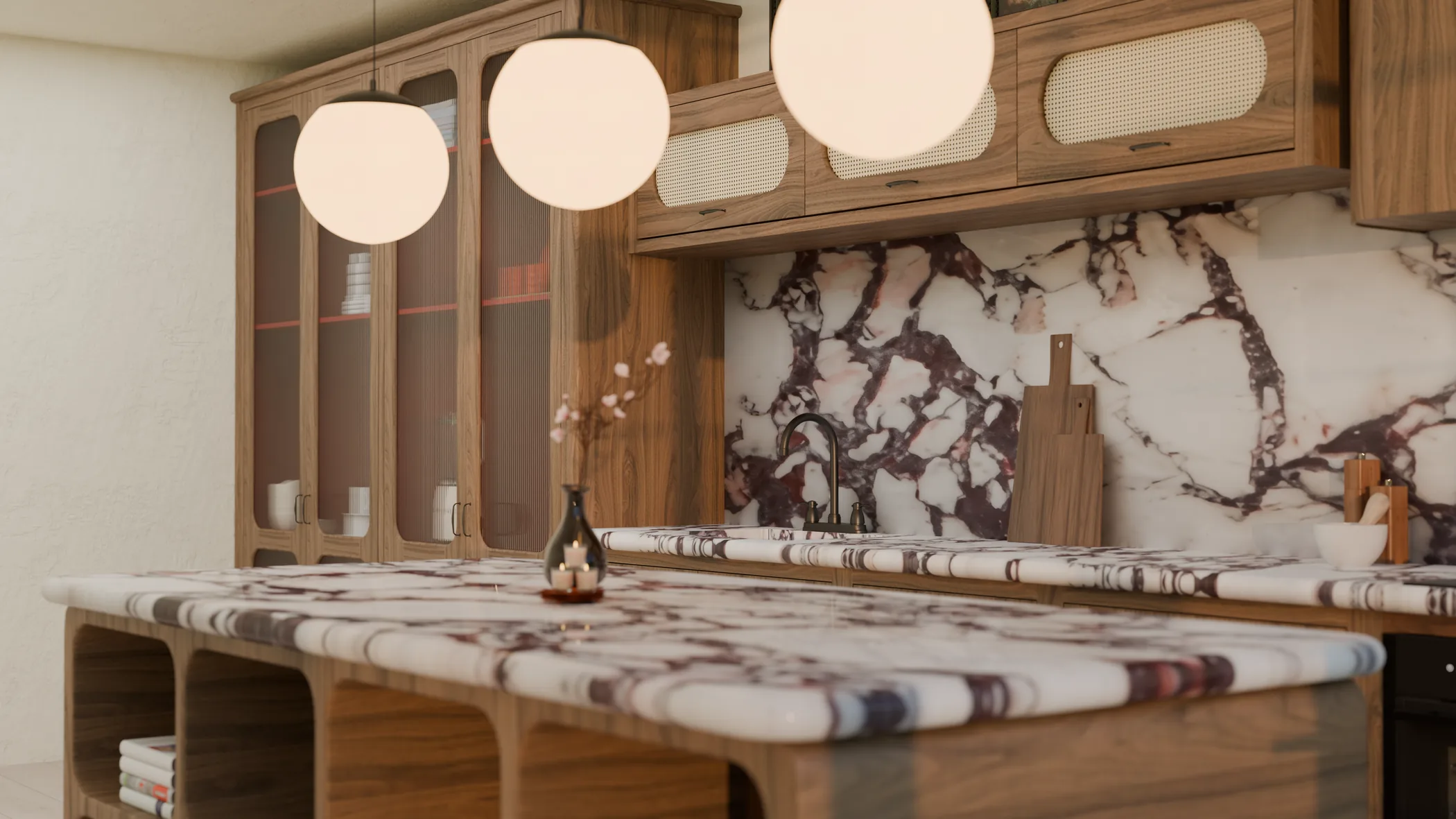 Warm wood kitchen with sculptural marble island