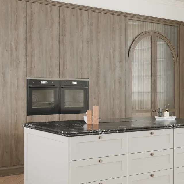 Timber oven cabinetry and a pale kitchen island