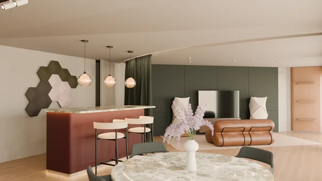 Audio showroom listening area with sculptural speakers and warm furnishings