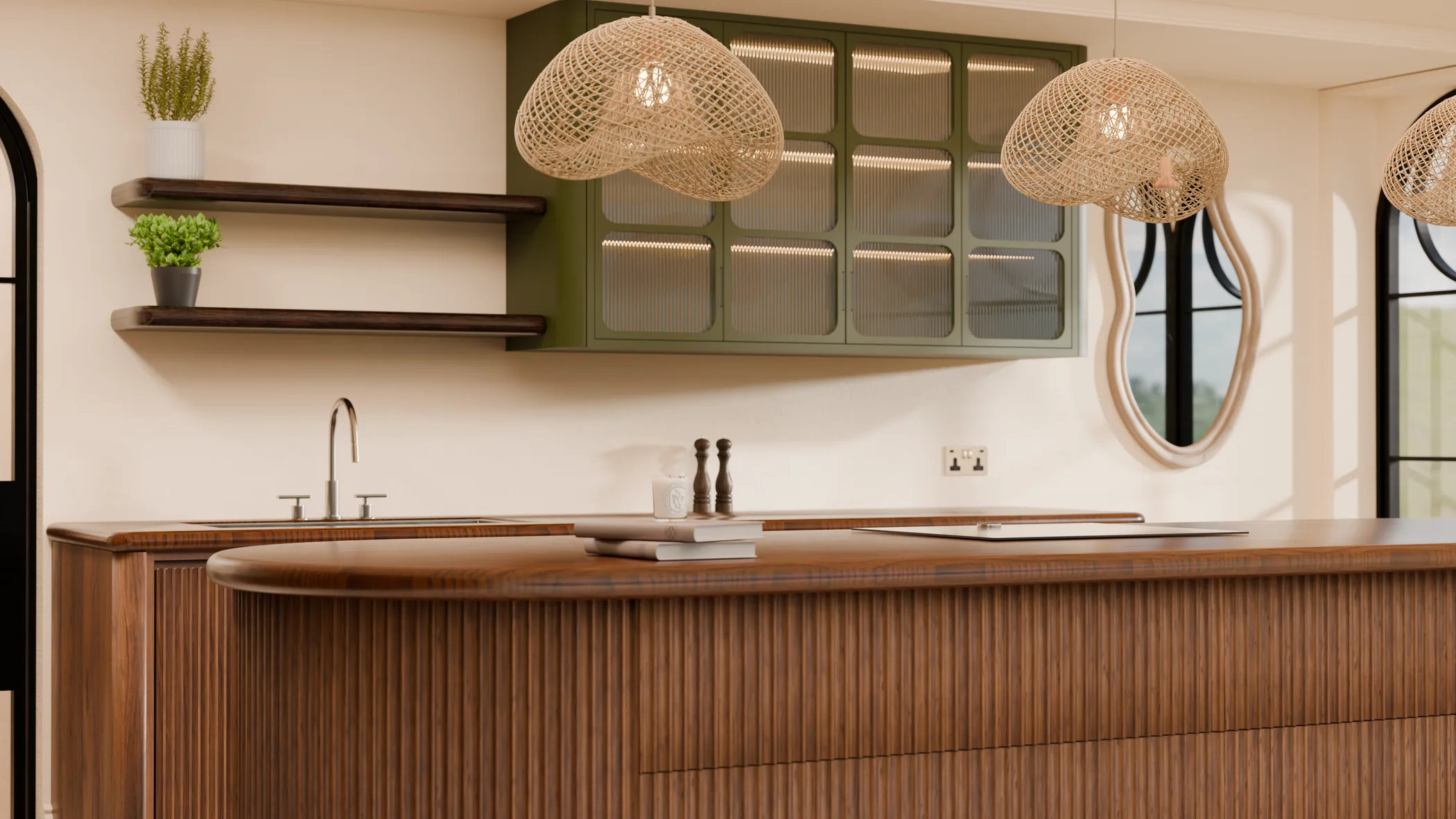 Timber kitchen render with woven pendant lights and olive cabinetry